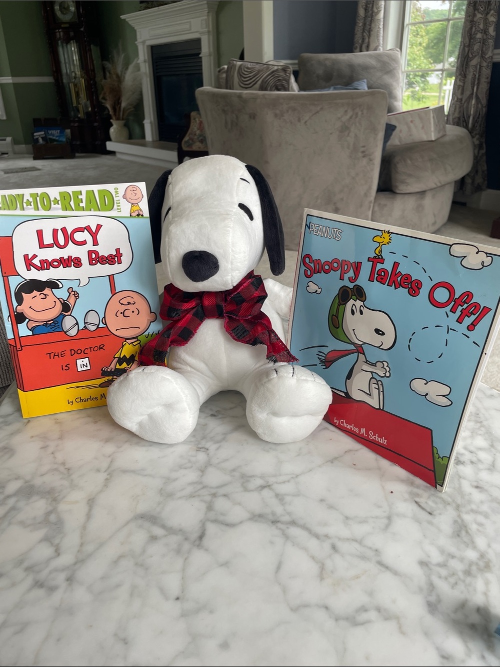 Peanuts Snoopy Plush Toy with Red Plaid Scarf - Soft with 2 gently used books